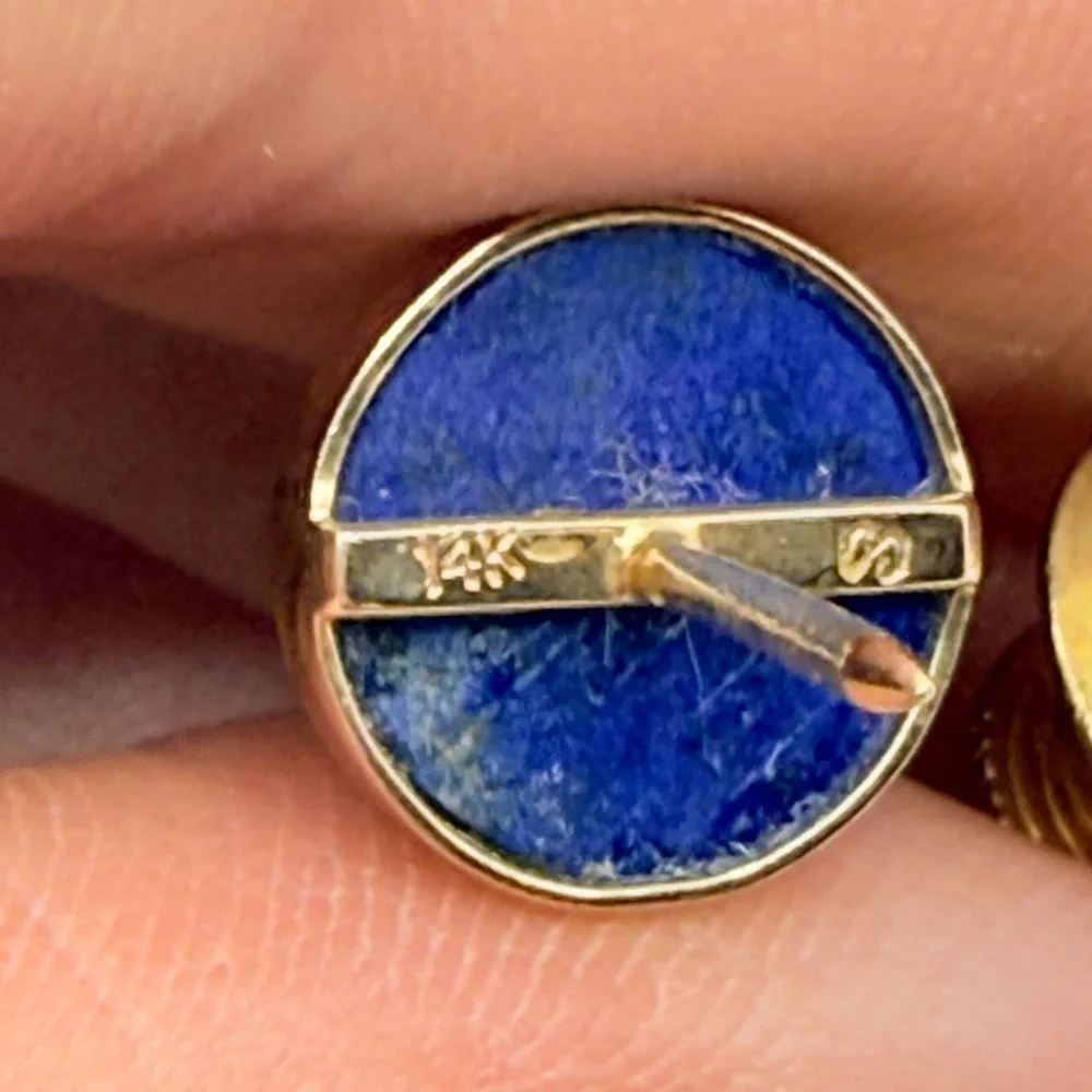 Vintage 14K Solid Yellow Gold Lapis Lazuli Tie Tack Lapel Pin Round Blue Estate